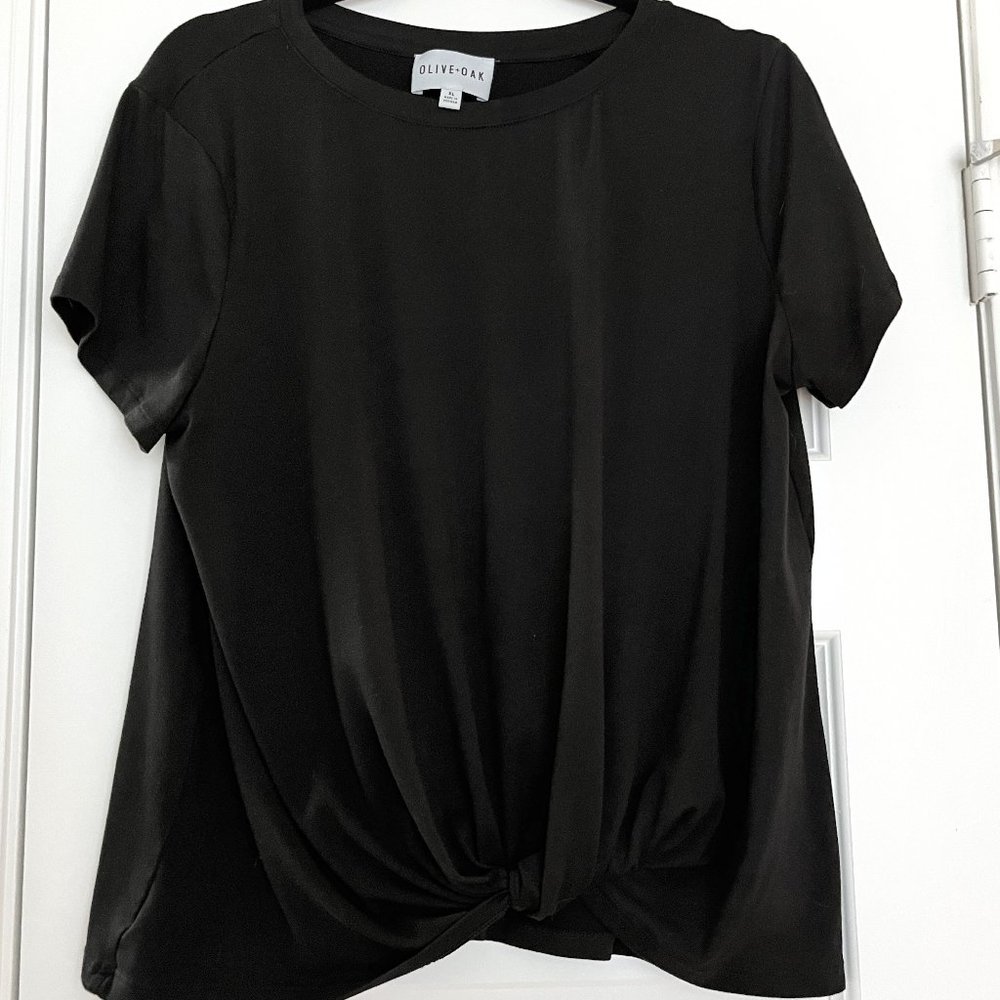 Olive + Oak black tee with from knot